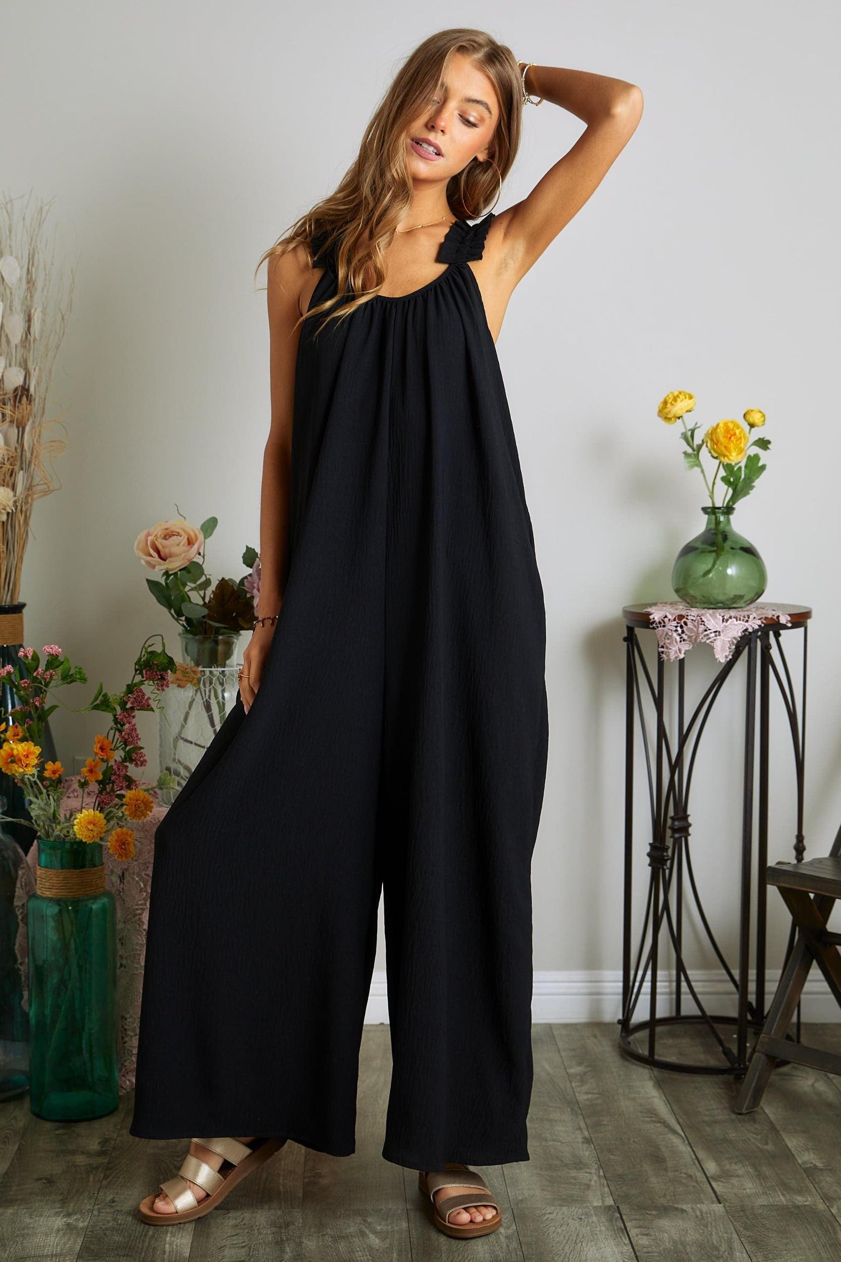 ELASTIC RUFFLE SHOULDER JUMPSUIT Product Image
