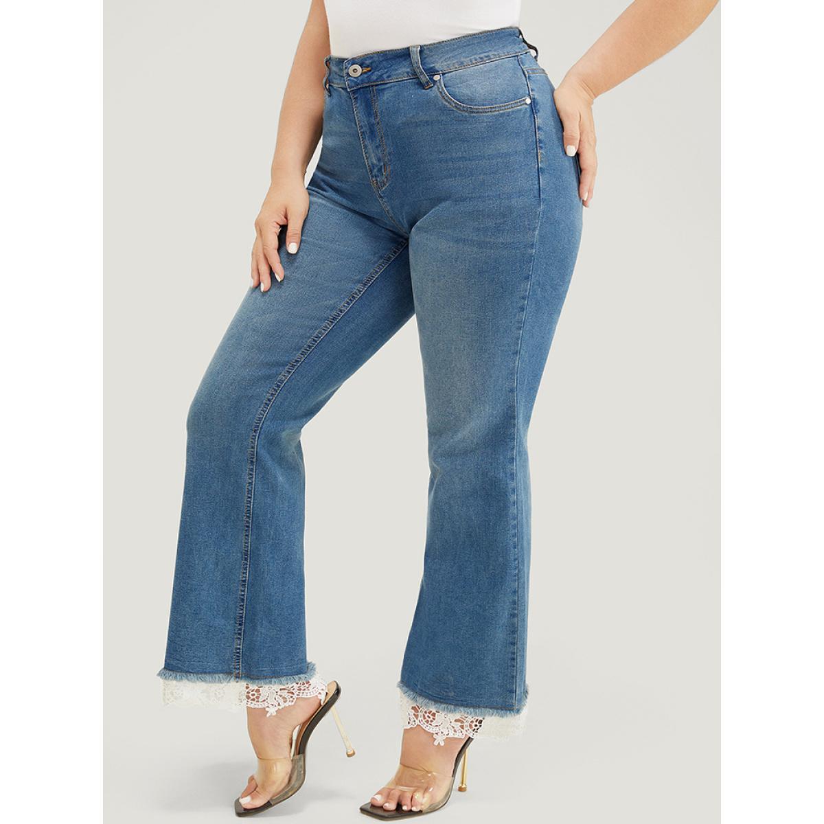 Plus Size Slightly Stretchy High Rise Dark Wash Lace Hem Jeans Women Stone Casual Plain Pocket Low stretch Pocket Jeans BloomChic 14/1X Product Image