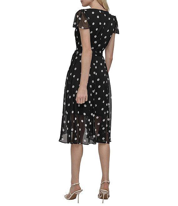 DKNY by Donna Karan Chiffon Dotted Print V Neck Short Flutter Sleeve Belted Wrap Midi Dress Product Image