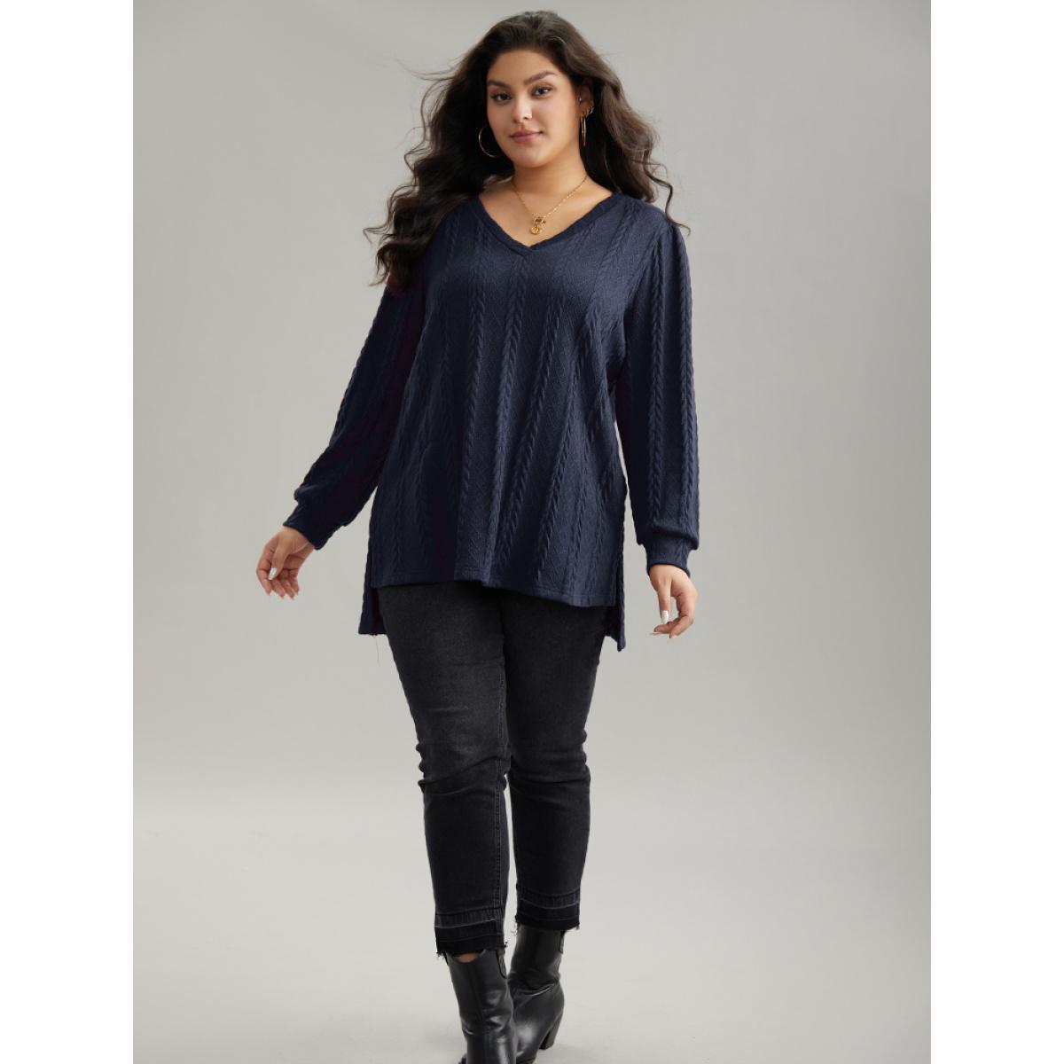 Plus Size Plain Cable Knit Elastic Cuffs Sweatshirt Women Indigo Casual Texture V-neck Dailywear Sweatshirts BloomChic 10/M Product Image