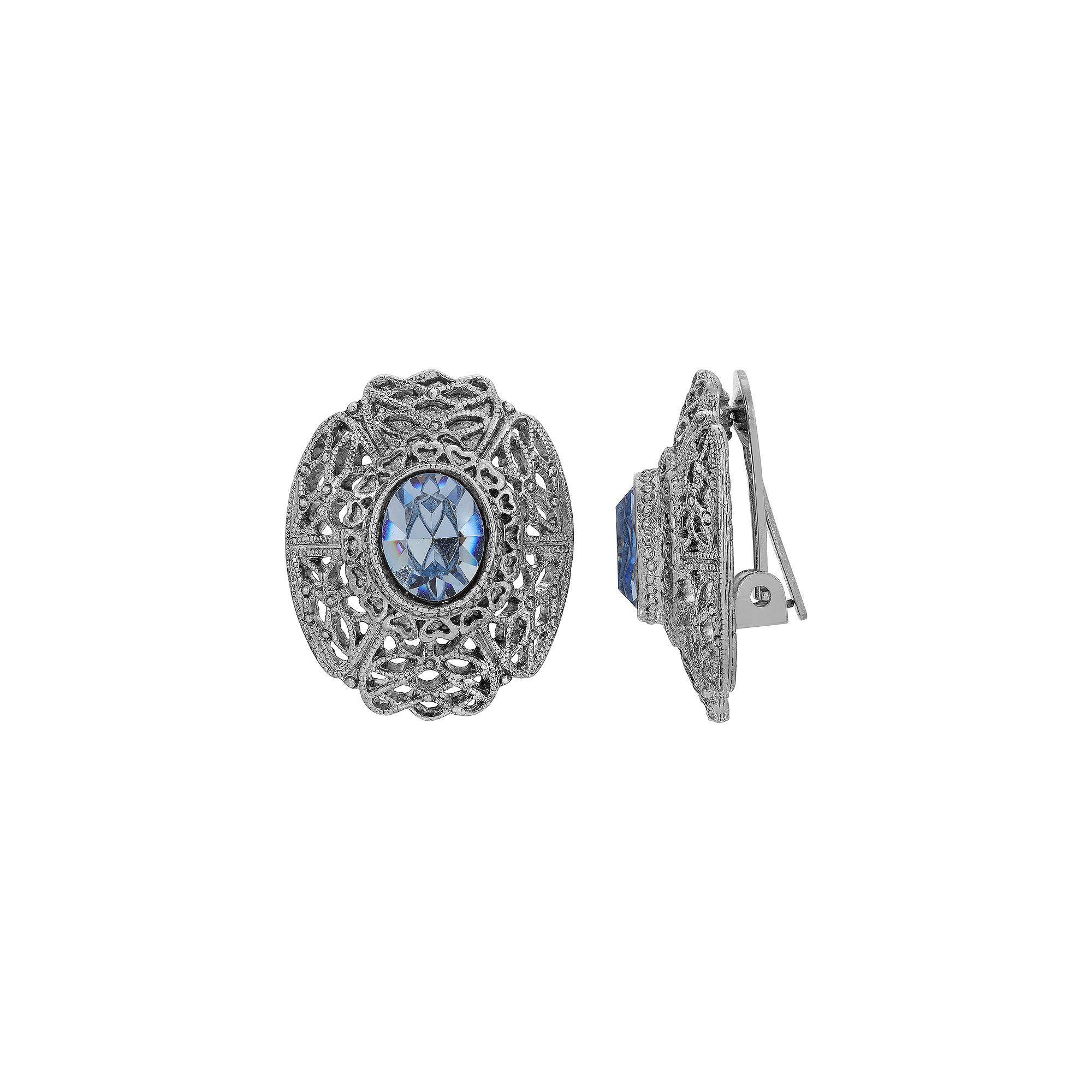1928 Filigree Crystal Oval Clip-On Earrings, Womens, Blue Product Image