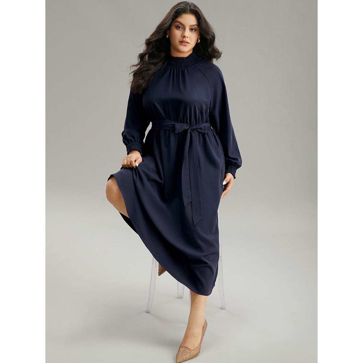 Plus Size Anti-Wrinkle Plain Shirred Mock Neck Belted Dress DarkBlue Women Elegant Elastic cuffs Mock Neck Long Sleeve Curvy Midi Dress BloomChic 18-20/2X Product Image
