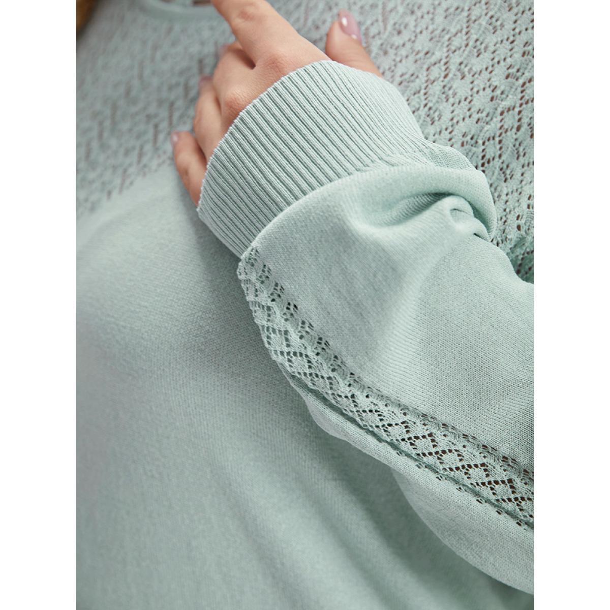 Plus Size Plain Eyelet Patchwork Drop Shoulder Pullover LightBlue Women Casual Loose Long Sleeve Round Neck Dailywear Pullovers BloomChic 22-24/3X Product Image