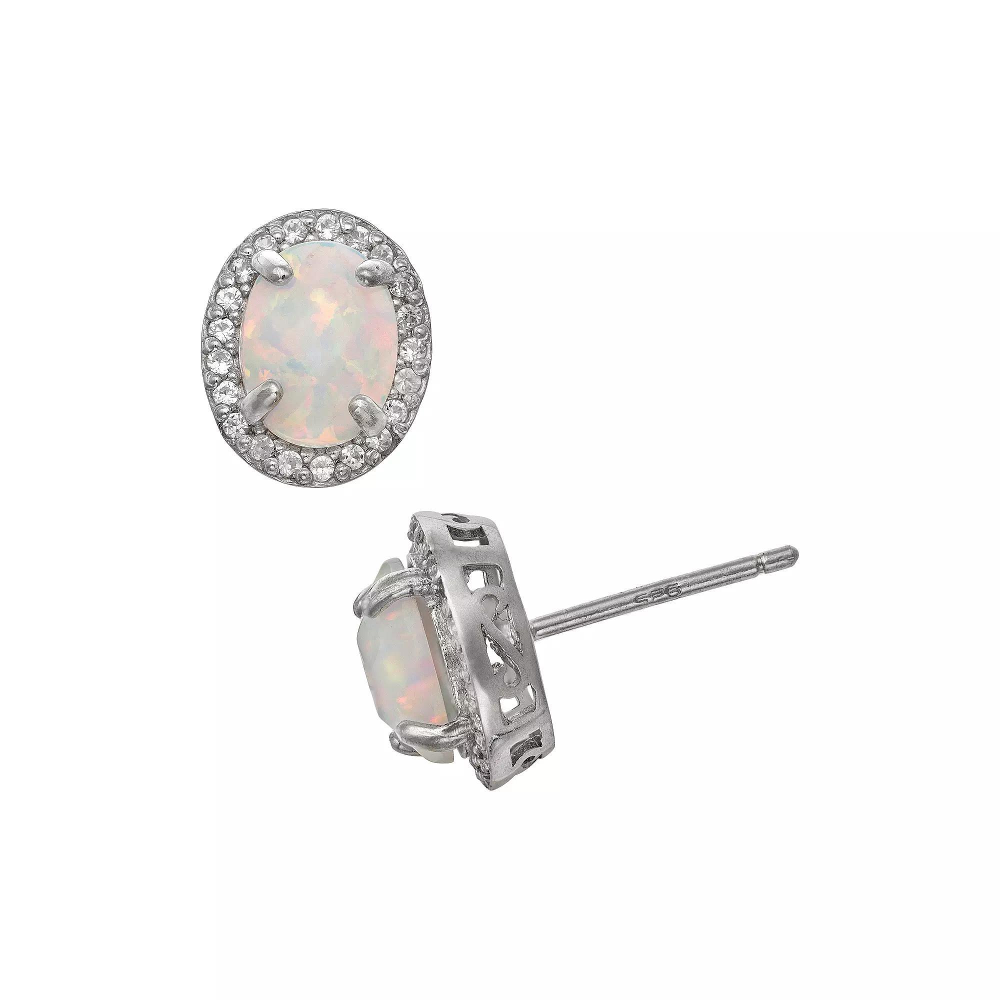 Sterling Silver Lab-Created Opal and Lab-Created White Sapphire Halo Stud Earrings, Women's, Multi Product Image