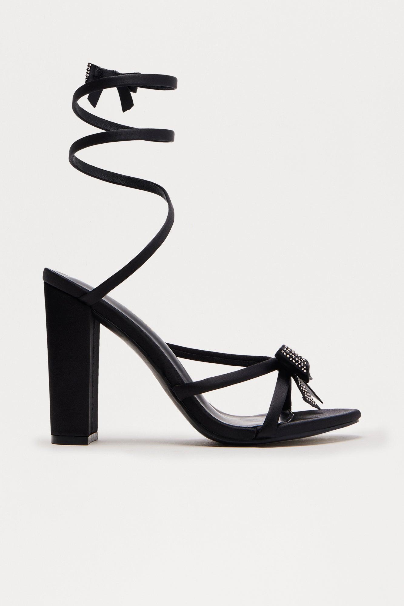 Maxima Rhinestone Bow Wrap Up Heels - Black Product Image