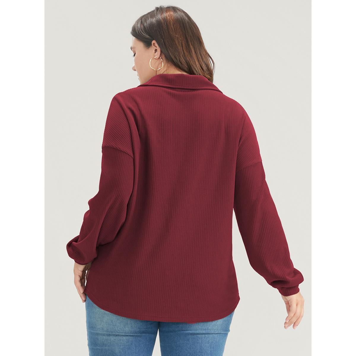 Plus Size Solid Half Button Drop Shoulder Rib Knit Sweatshirt Women Burgundy Casual Button Lapel Collar Dailywear Sweatshirts BloomChic 26/4X Product Image