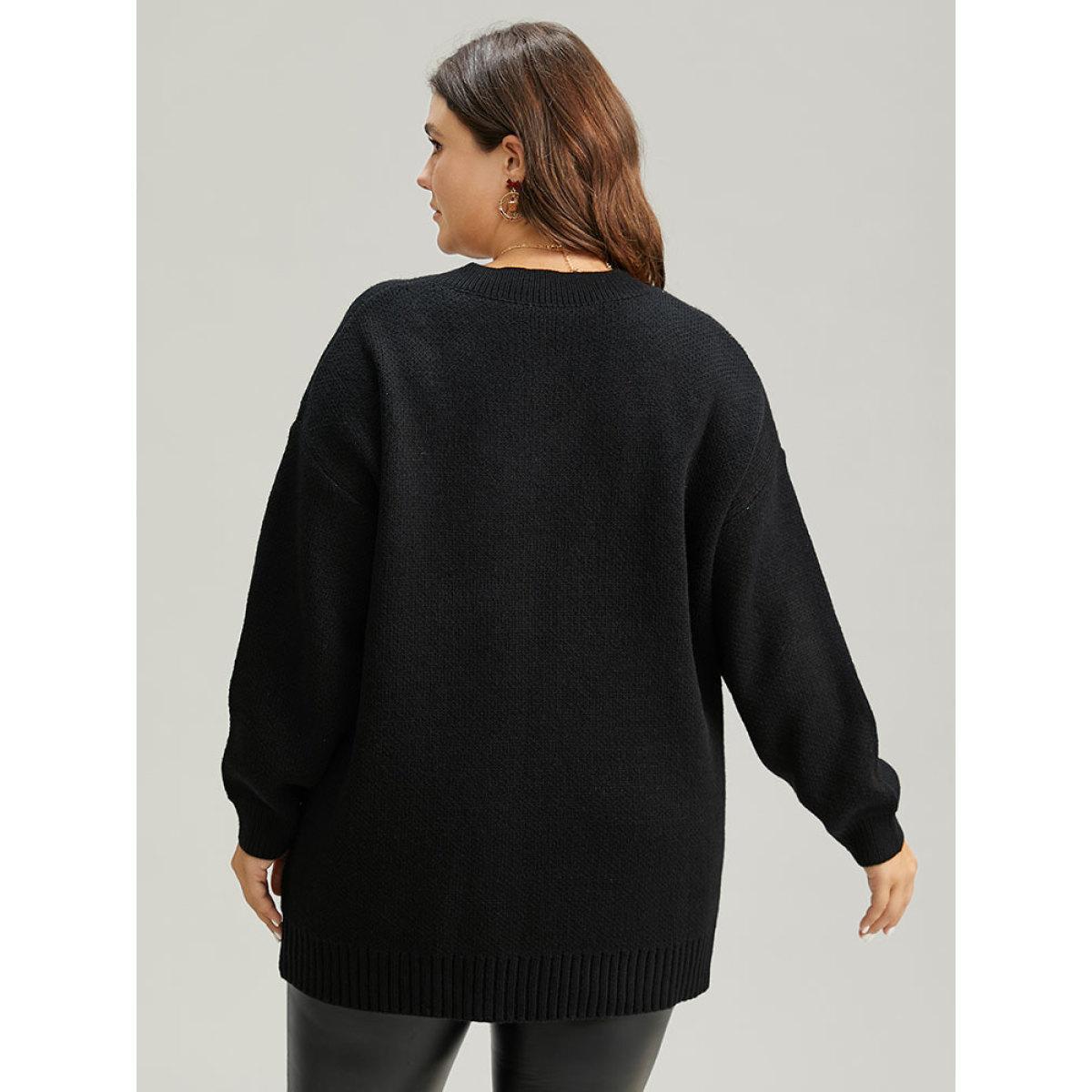 Plus Size V Neck Plain Star Luxe Pullover Black Women Casual Loose Long Sleeve V-neck Dailywear Pullovers BloomChic 18-20/2X Product Image