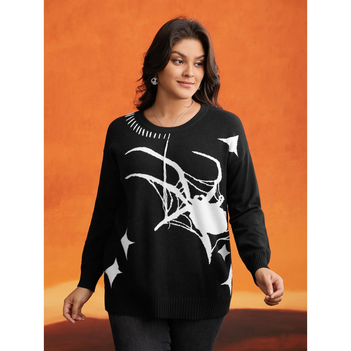 Plus Size Supersoft Essentials Spider Printed Jacquard Pullover Black Women Casual Loose Long Sleeve Round Neck Everyday Pullovers BloomChic 12/L Product Image