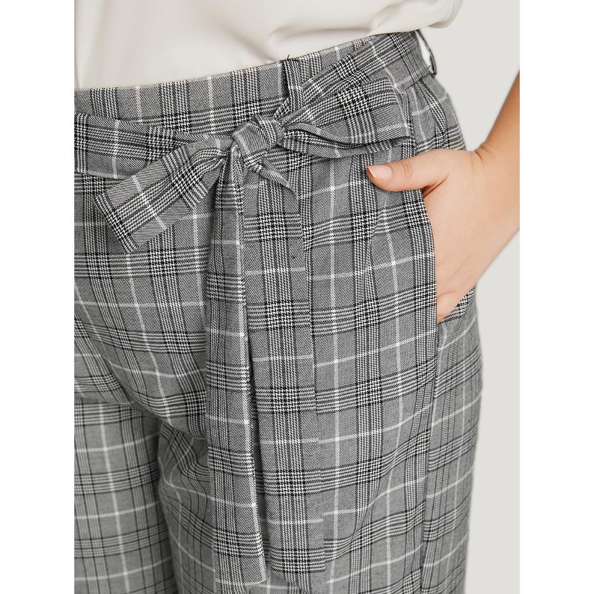 Plus Size Gingham Pocket Belted Wide leg Pants Women Black Office Straight Leg High Rise Work Pants BloomChic 10/M Product Image