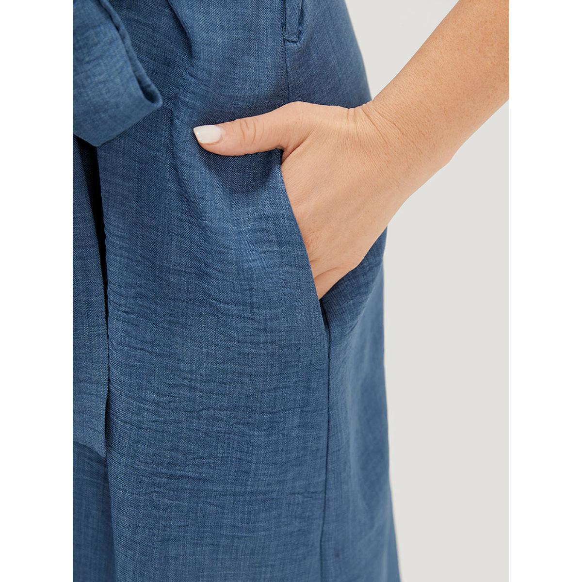Plus Size Suit Collar Belted Pocket Button Through Sleeveless Dress Blue Women Elegant Belted Suit Collar Sleeveless Curvy Knee Dress BloomChic 18-20/2X Product Image