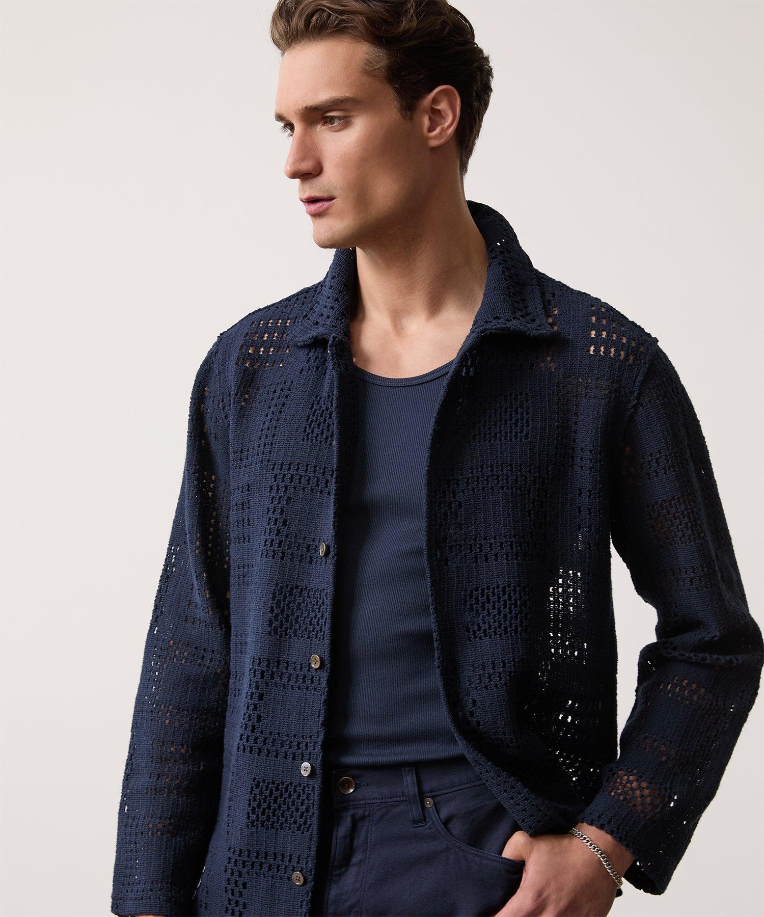 Open-Knit Long-Sleeve Cabana Shirt in Navy Product Image