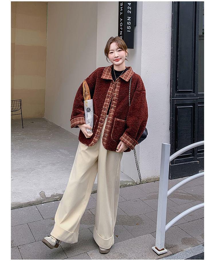 Plaid Trim Fleece Button-Up Jacket Product Image