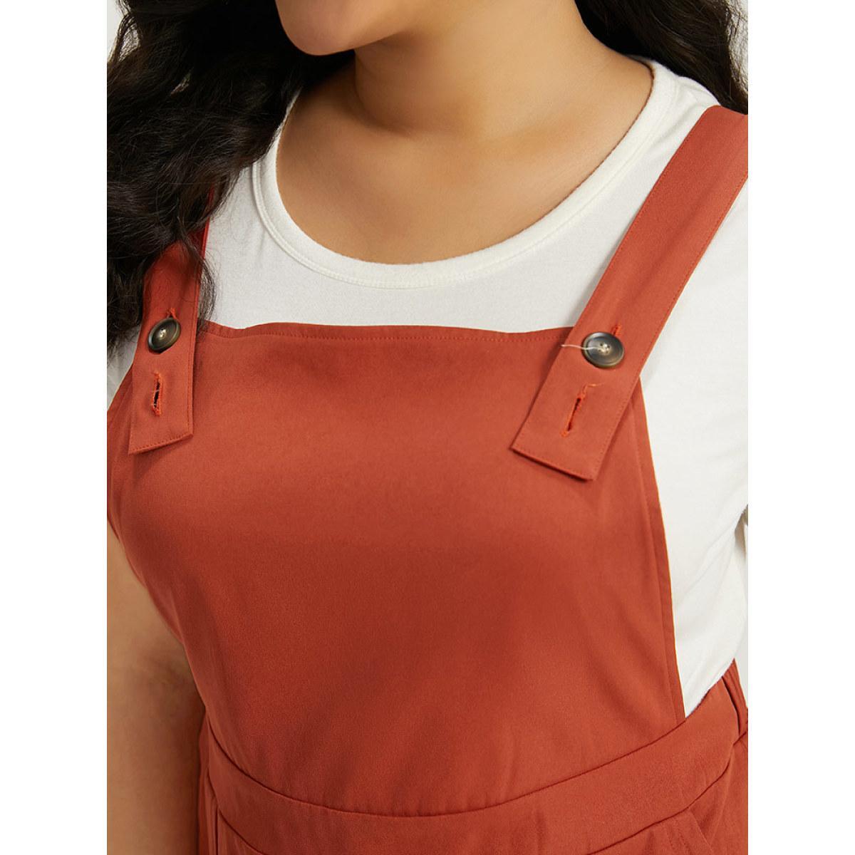Plus Size Plain Button Up Pocket Suspender Skirt Brown Women Casual Adjustable Straps Spaghetti Strap Sleeveless Curvy Knee Dress BloomChic 30/6X Product Image
