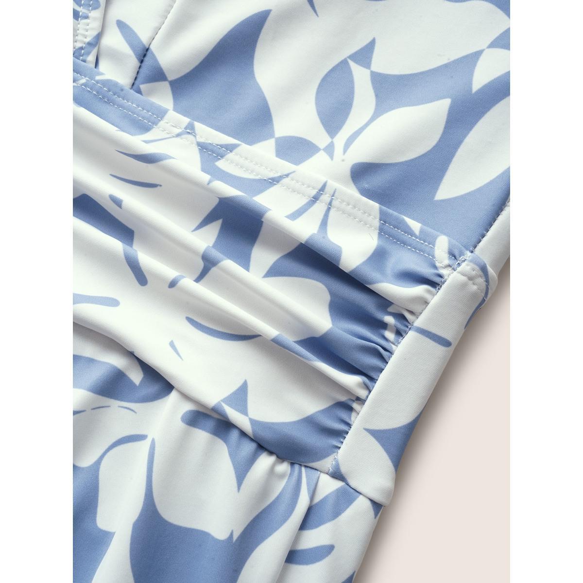Plus Size Overlap Collar Silhouette Floral Print Swim Dress Women's Swimwear LightBlue Beach Bodycon Overlap Collar High stretch Curve Swim Dresses BloomChic 12/L Product Image