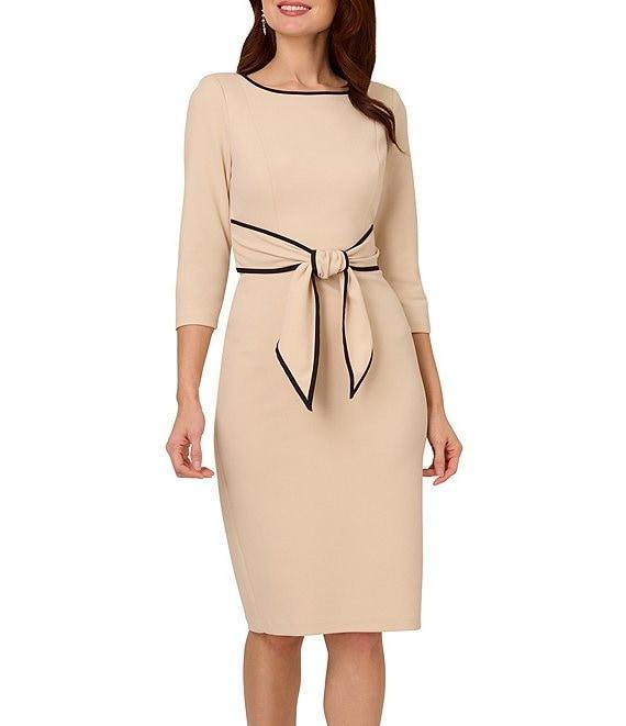 Adrianna Papell Contrasting Trim Boat Neck 3/4 Sleeve Tie Waist Crepe Sheath Dress Product Image
