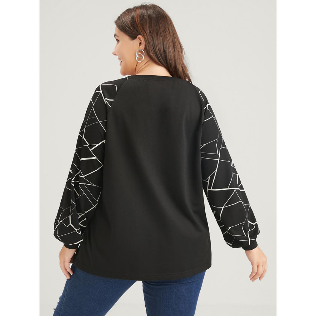 Plus Size Geometric Raglan Sleeve Round Neck Sweatshirt Women Black Elegant Patchwork Round Neck Dailywear Sweatshirts BloomChic 30/6X Product Image