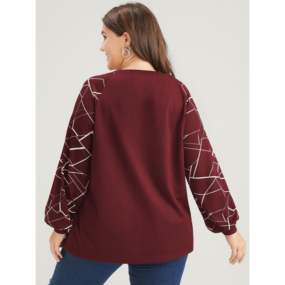 Plus Size Geometric Raglan Sleeve Round Neck Sweatshirt Women Burgundy Elegant Patchwork Round Neck Dailywear Sweatshirts BloomChic 18-20/2X Product Image