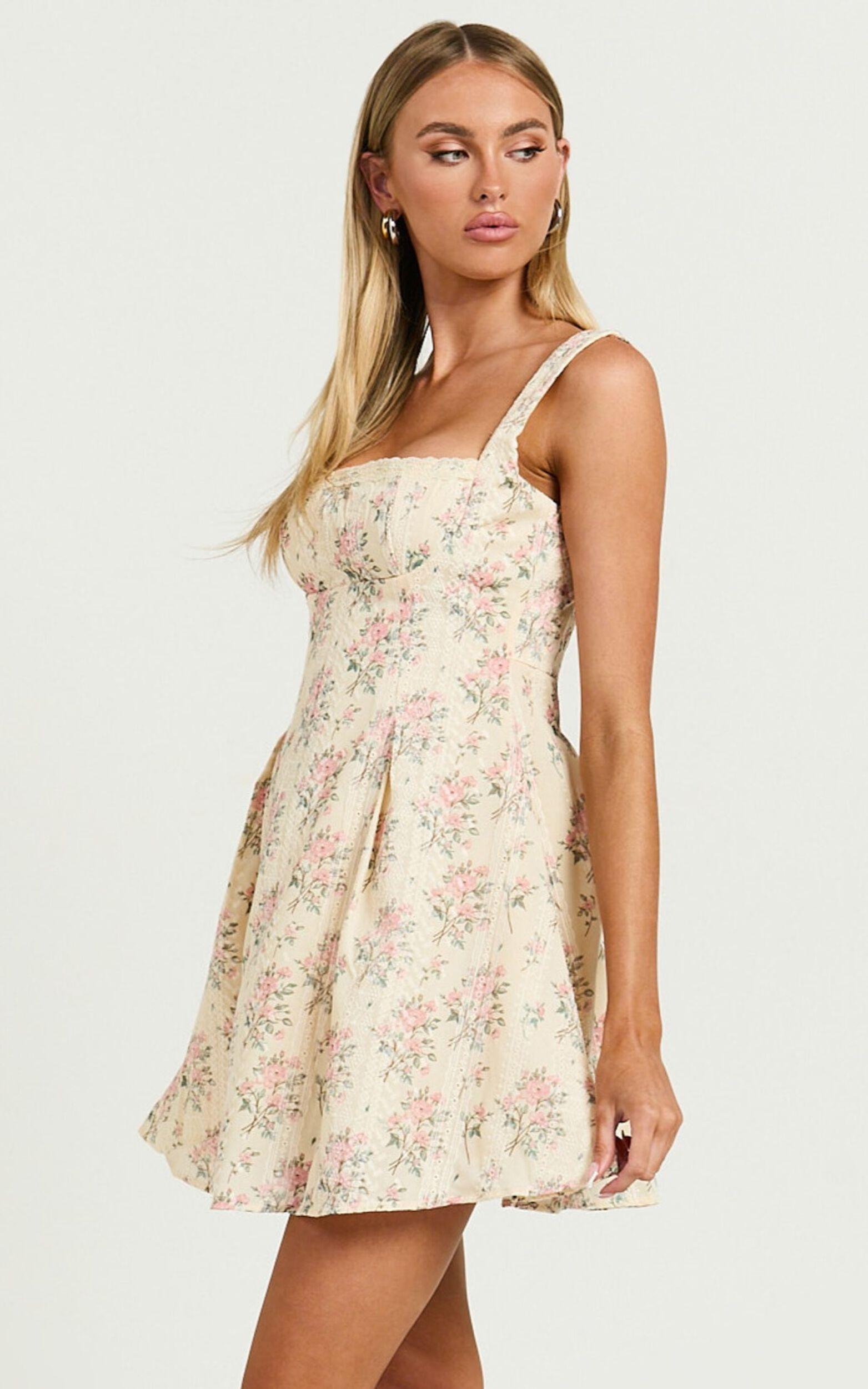 Griza Mini Dress - Square Neck Lace Trim Dress in Ditsy Floral Product Image