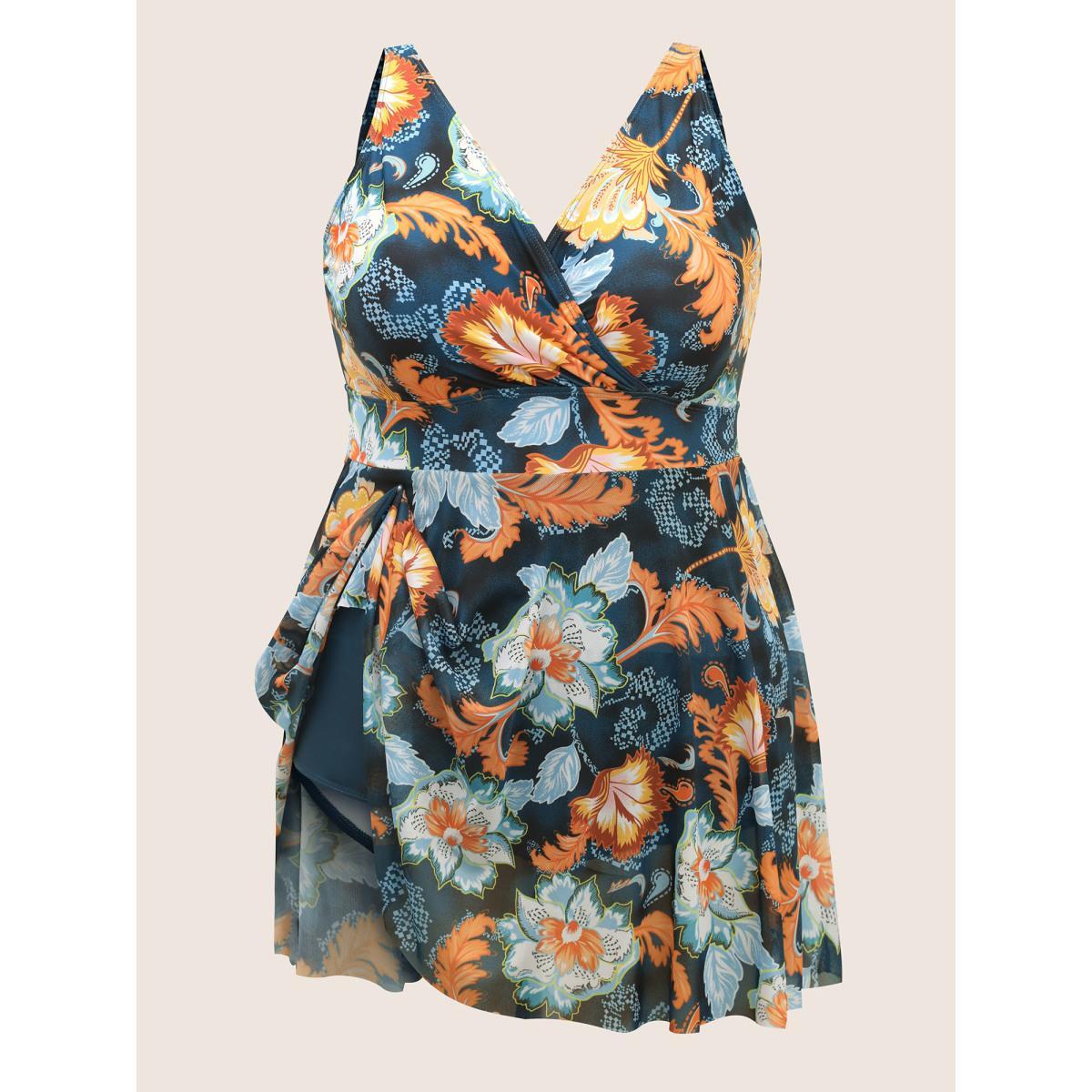 Plus Size Overlap Collar Contrast Floral Mesh Swim Dress Women's Swimwear Cyan Beach Bodycon Overlap Collar High stretch Curve Swim Dresses BloomChic 30/6X Product Image