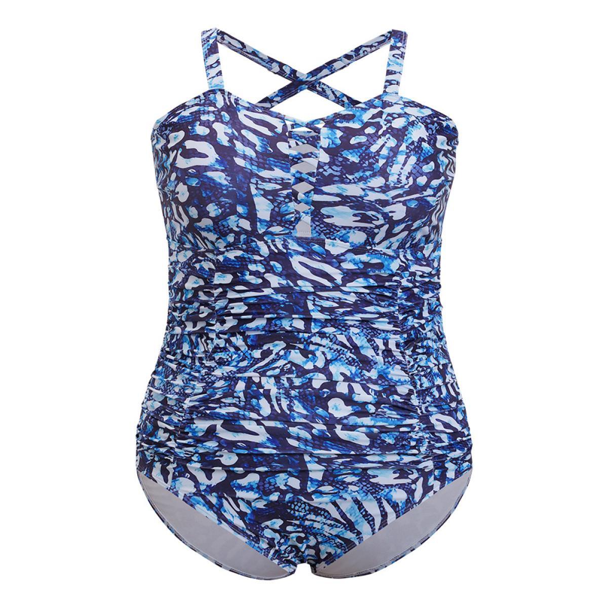 Plus Size Leopard Print Ruched Crisscross Front One Piece Swimsuit Women's Swimwear Blue Vacation Adjustable Straps Curve Bathing Suits High stretch One Pieces BloomChic 14-16/1X Product Image