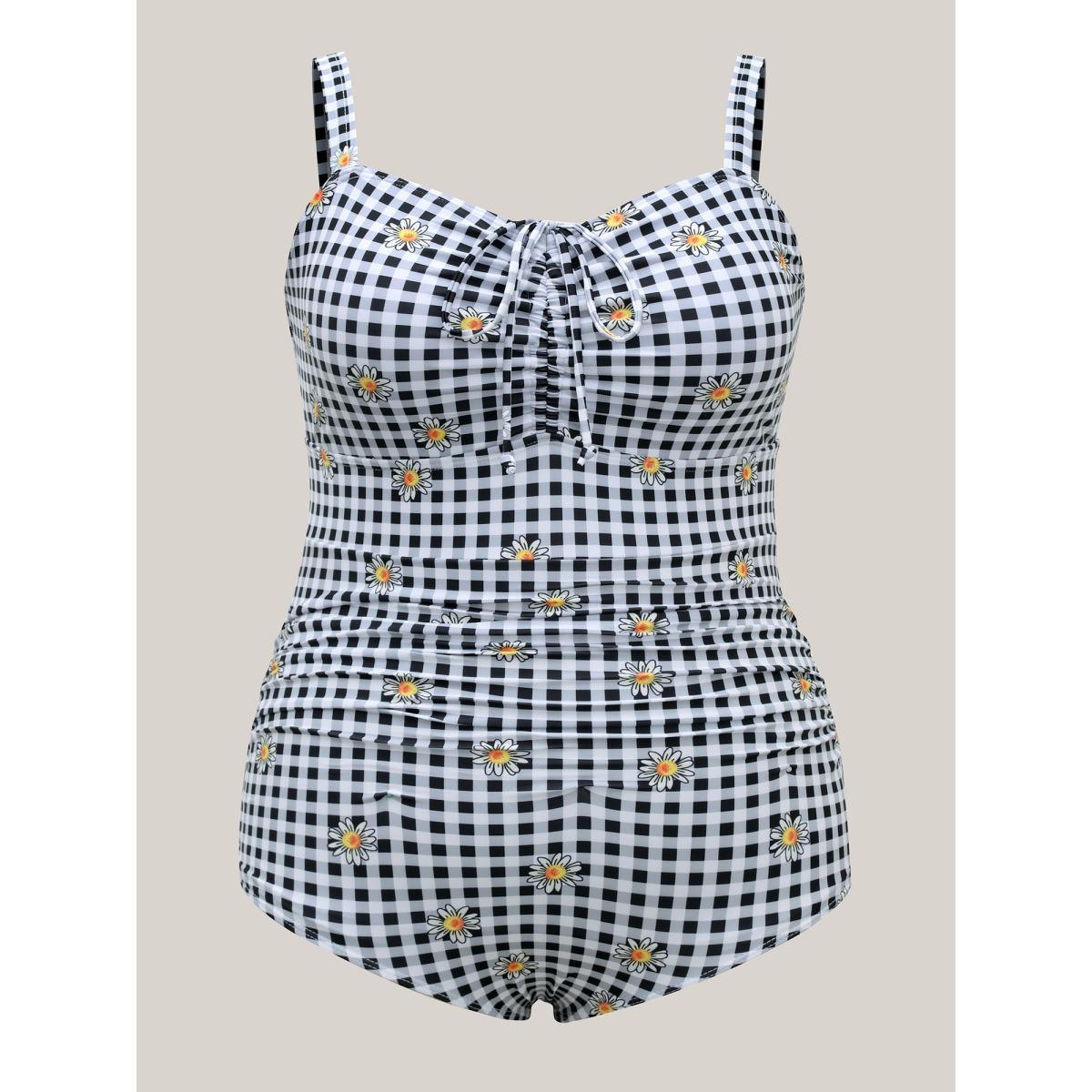 Plus Size Plaid Floral Print Drawstring One-Piece Swimsuit Women's Swimwear Black Beach Gathered Curve Bathing Suits High stretch One Pieces BloomChic 26/4X Product Image