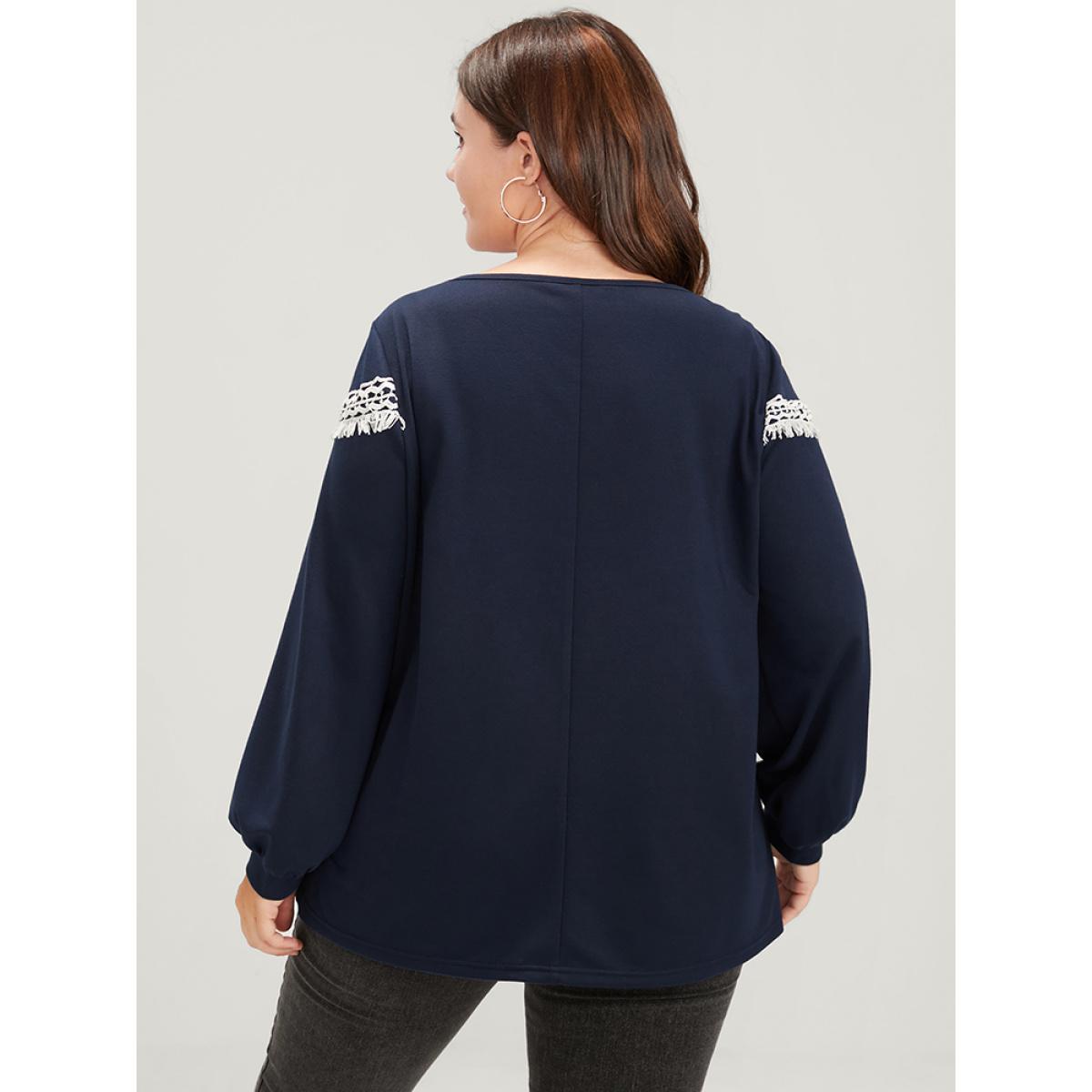 Plus Size Plain Round Neck Contrast Lace Drop Shoulder Sweatshirt Women Midnight Casual Contrast Round Neck Dailywear Sweatshirts BloomChic 22-24/3X Product Image
