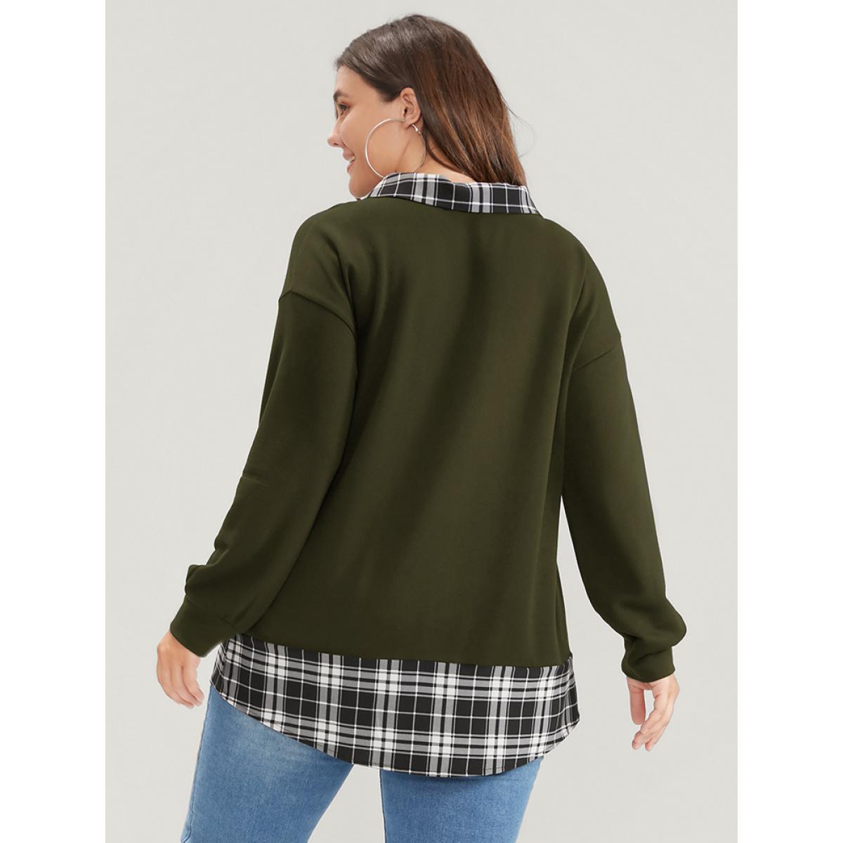 Plus Size Plaid Print Drop Shoulder 2-In-1 Sweatshirt Women ArmyGreen Casual Lapel Collar Dailywear Sweatshirts BloomChic 14-16/1X Product Image