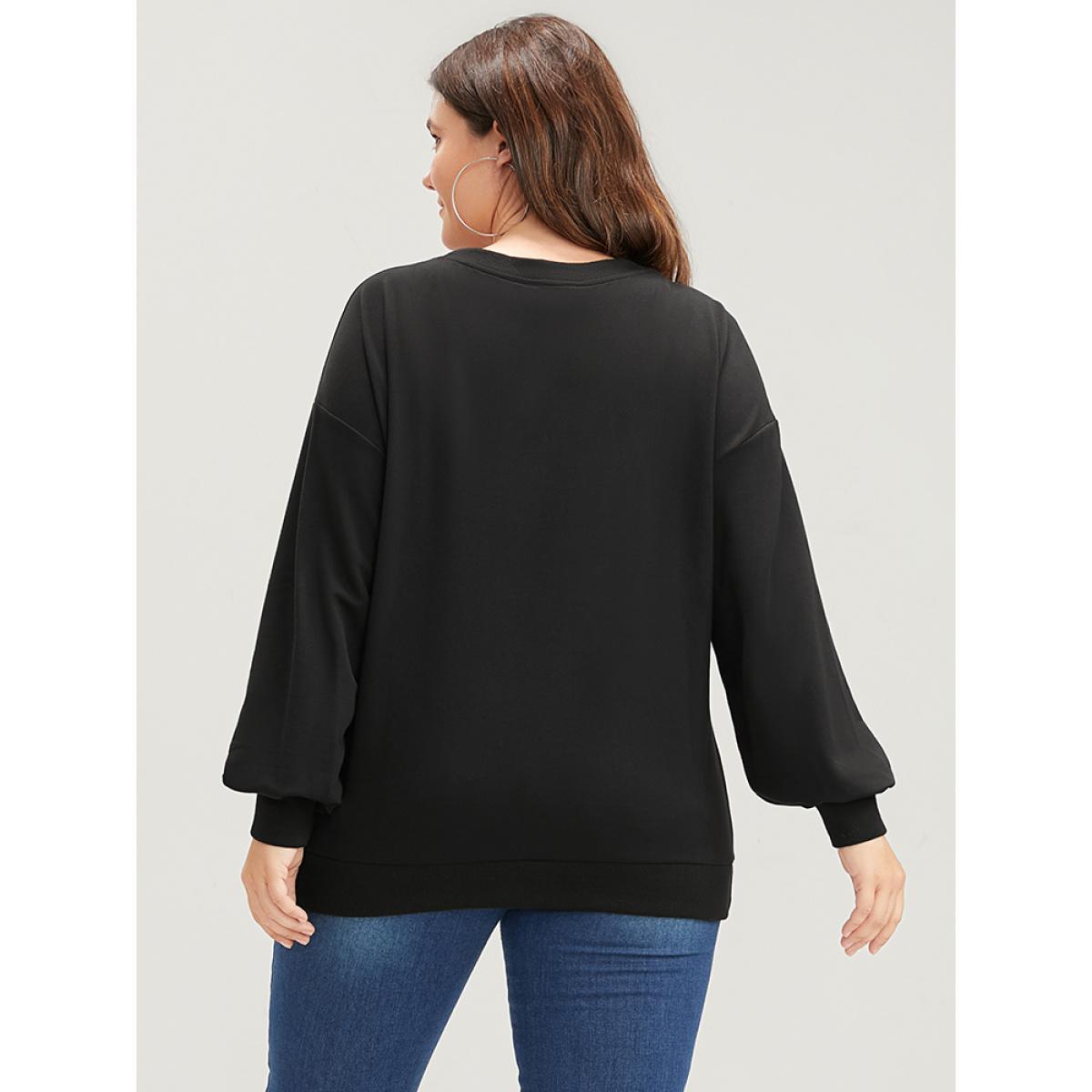 Plus Size Halloween Solid Skull Print Drop Shoulder Sweatshirt Women Black Casual Plain Loose Round Neck Dailywear Sweatshirts BloomChic 26/4X Product Image