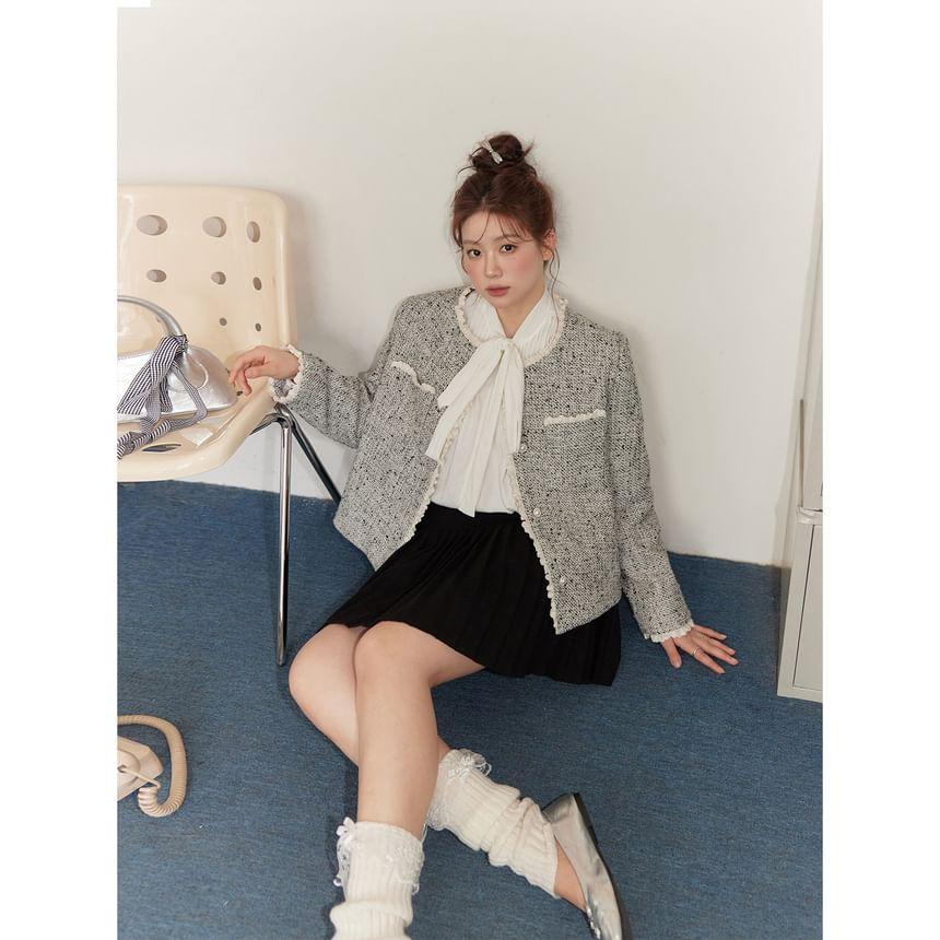 Plus Size Long Sleeve Tie Neck Plain Pintuck Blouse Product Image