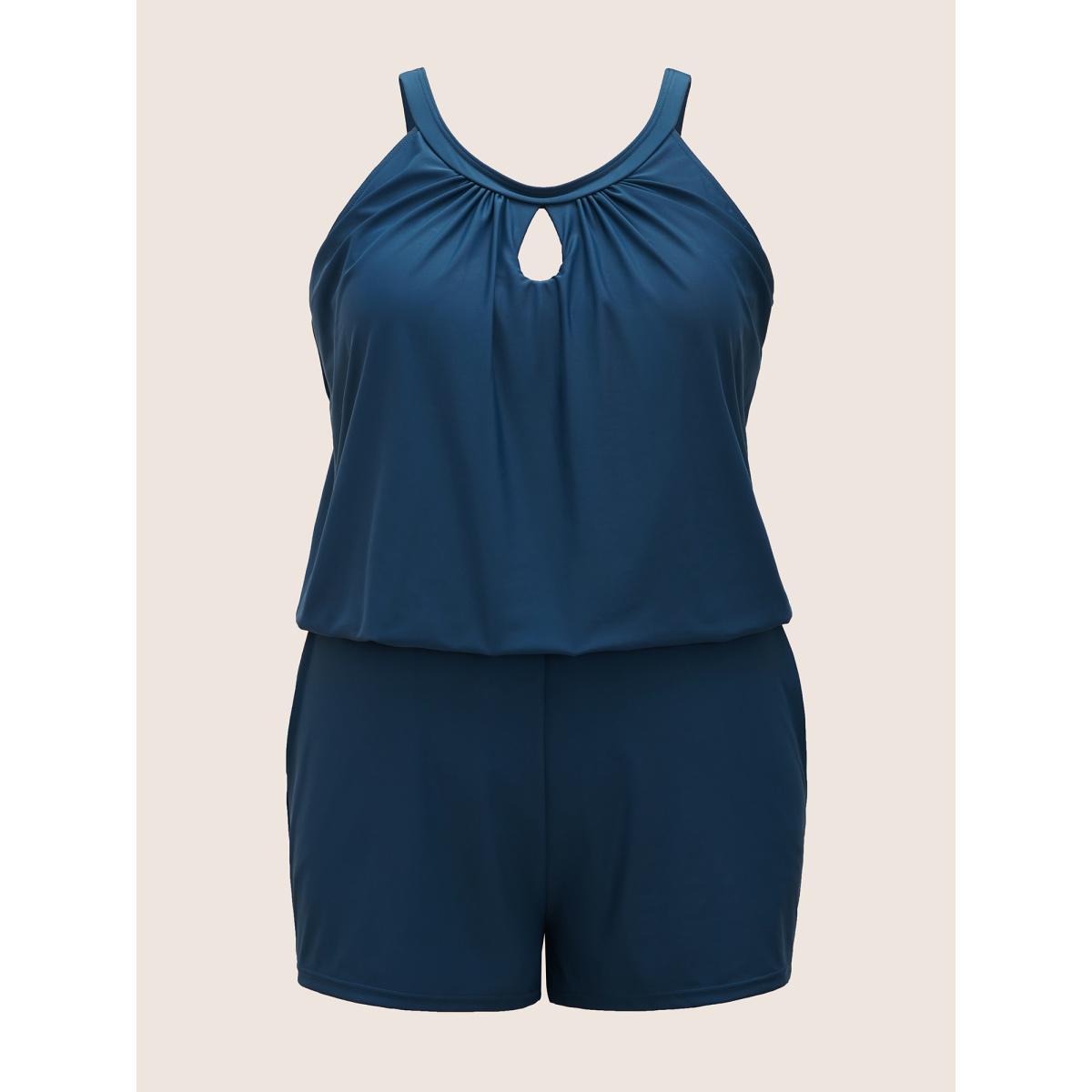 Plus Size Solid Keyhole Elastic Waist Gathered One Piece Swimsuit Women's Swimwear Indigo Beach Gathered Curve Bathing Suits High stretch One Pieces BloomChic 14-16/1X Product Image