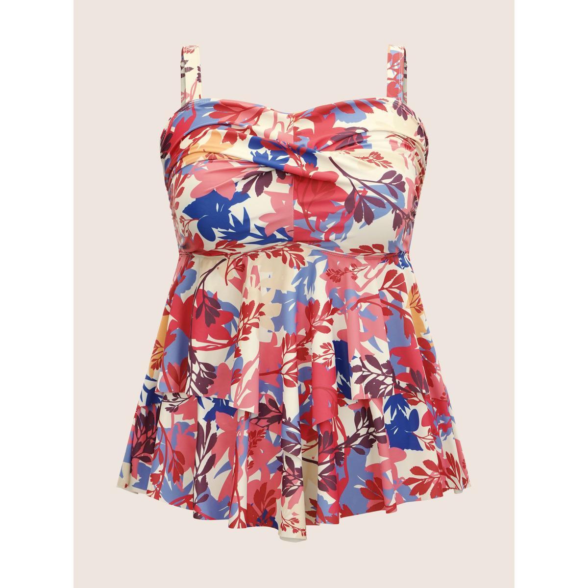 Plus Size Silhouette Floral Print Crossover Tiered Hem Swim Top Women's Swimwear Multicolor Beach Twist High stretch Bodycon Heart neckline Curve Swim Tops BloomChic 28/5X Product Image