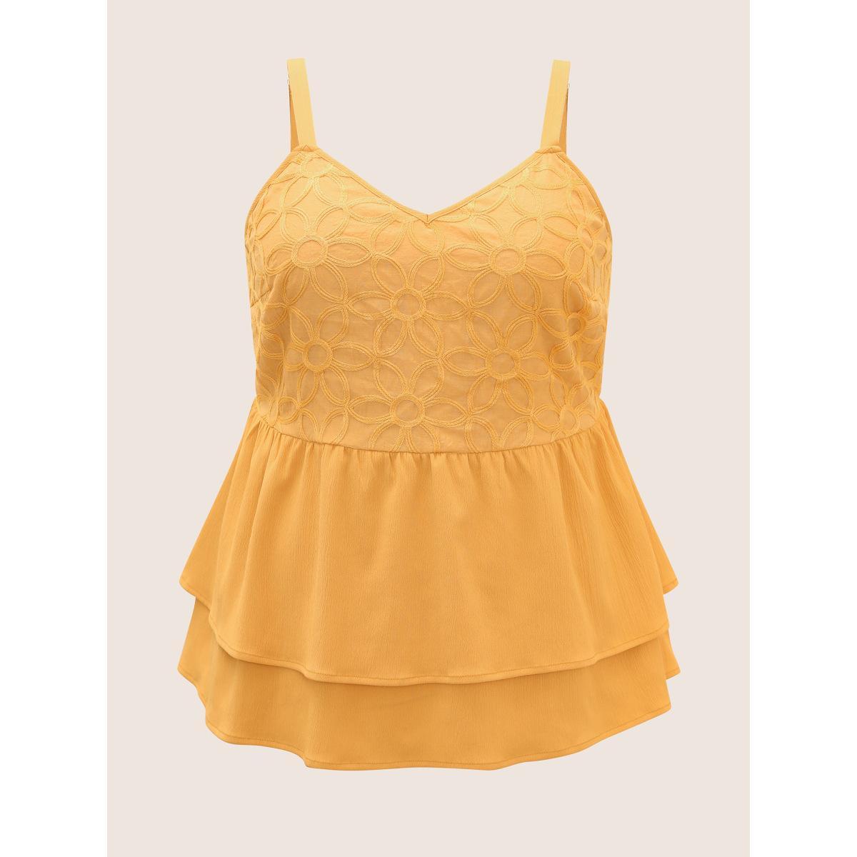 Plus Size Floral Texture Ruffle Layered Hem Cami Top Women Orange Resort Woven ribbon&lace trim Non Vacation Tank Tops Camis BloomChic 10/M Product Image