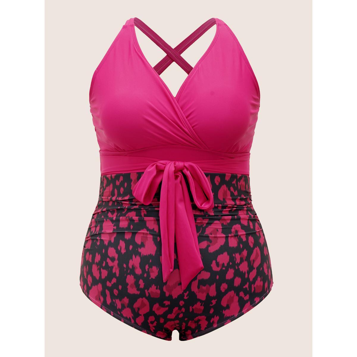 Plus Size Leopard Print Patchwork Tie Knot One Piece Swimsuit Women's Swimwear Rosered Beach Tie knot Curve Bathing Suits High stretch One Pieces BloomChic 30/6X Product Image