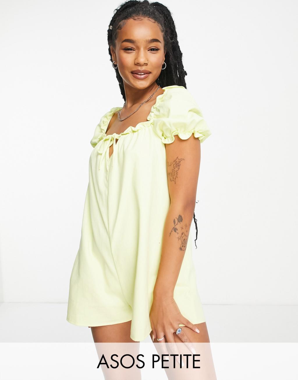 ASOS DESIGN Petite twill puff sleeve smock romper Product Image