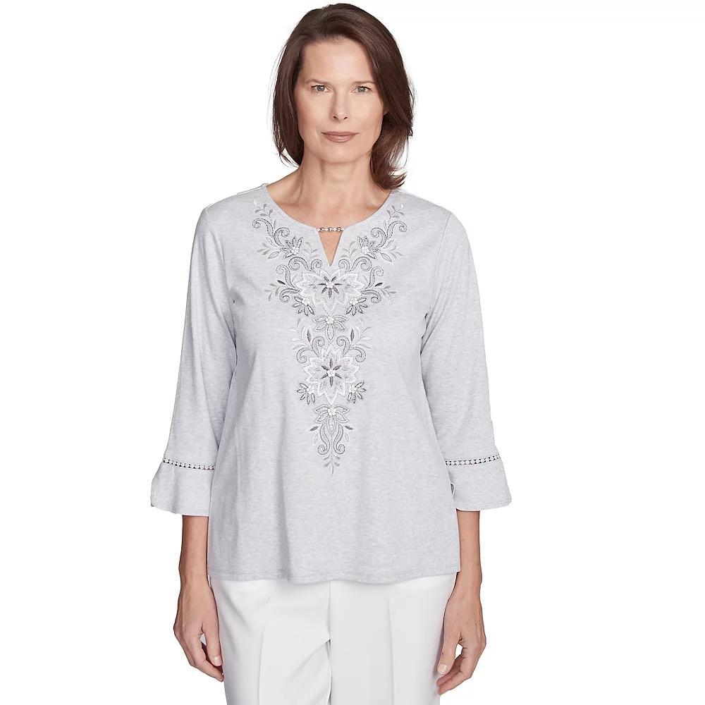 Women's Alfred Dunner Embroidered Scroll Bell Sleeve Top, Size: Small, Dove Gray Product Image