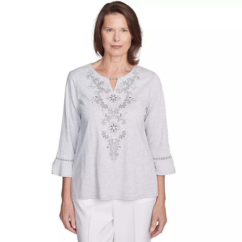 Women's Alfred Dunner Embroidered Scroll Bell Sleeve Top, Size: Small, Dove Gray Product Image
