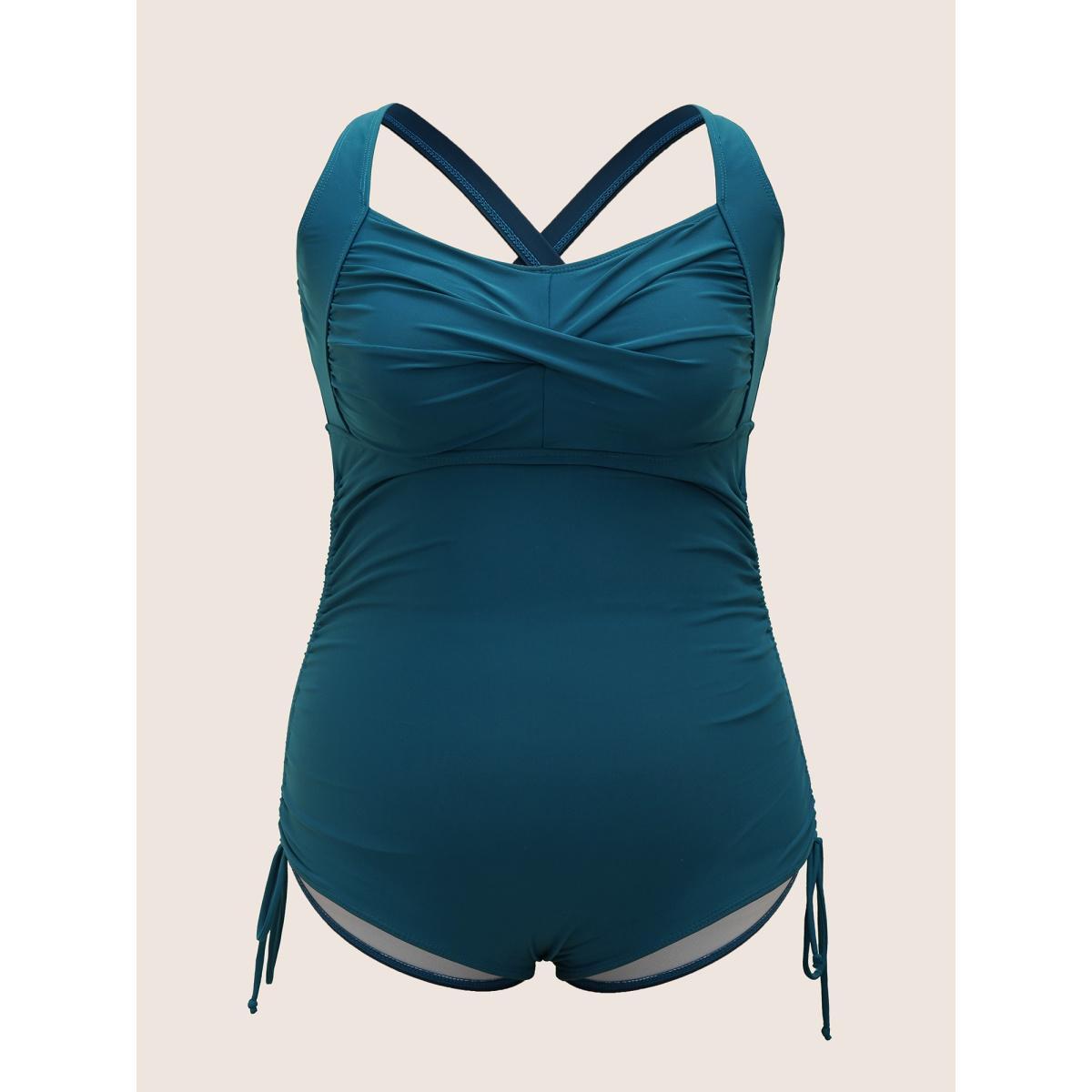 Plus Size Plain Ruched Crossover Drawstring One Piece Swimsuit Women's Swimwear Cyan Beach Twist Curve Bathing Suits High stretch One Pieces BloomChic 28/5X Product Image