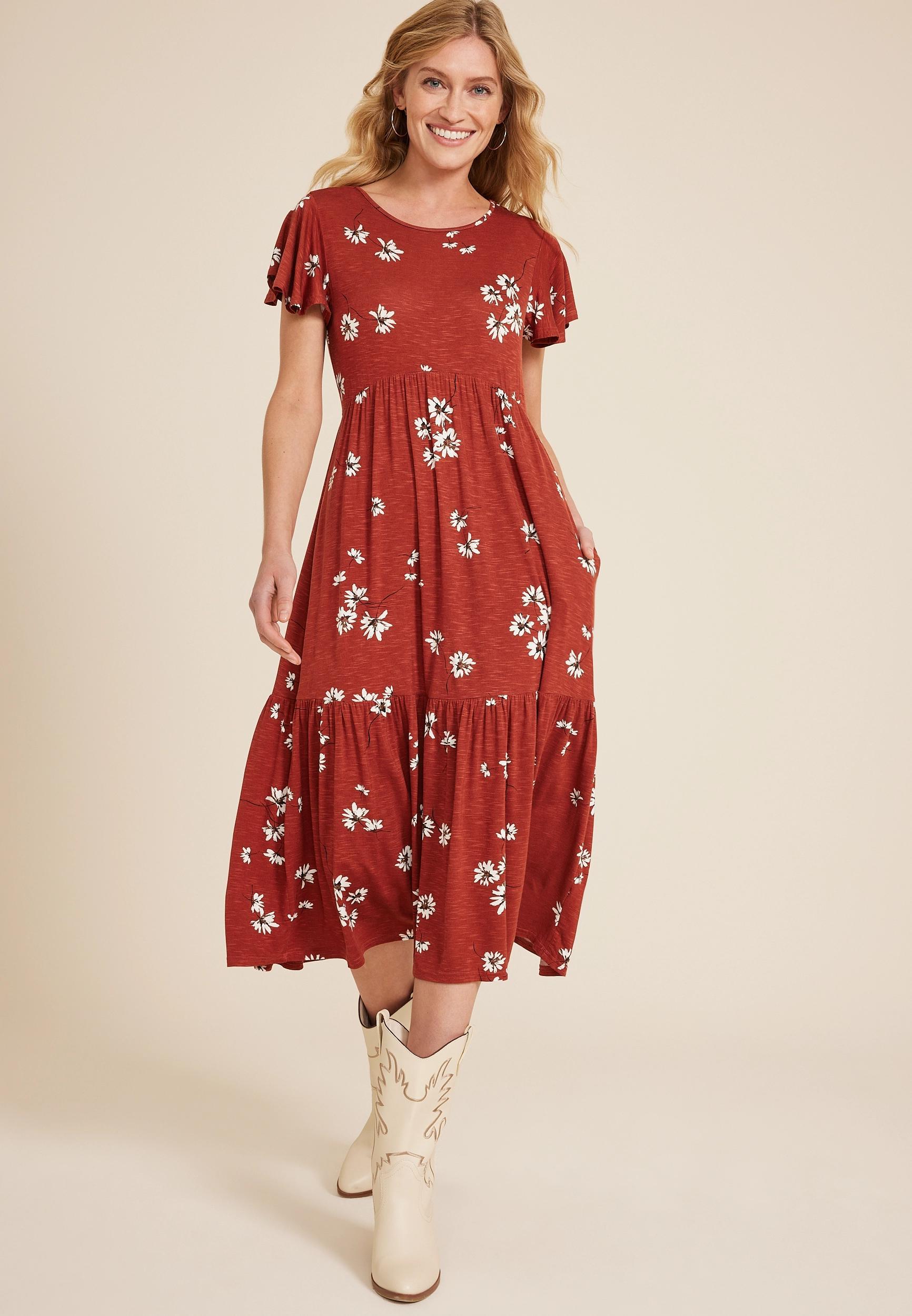 Maurices Womens 24/7 Flutter Sleeve Floral Midi Dress Product Image