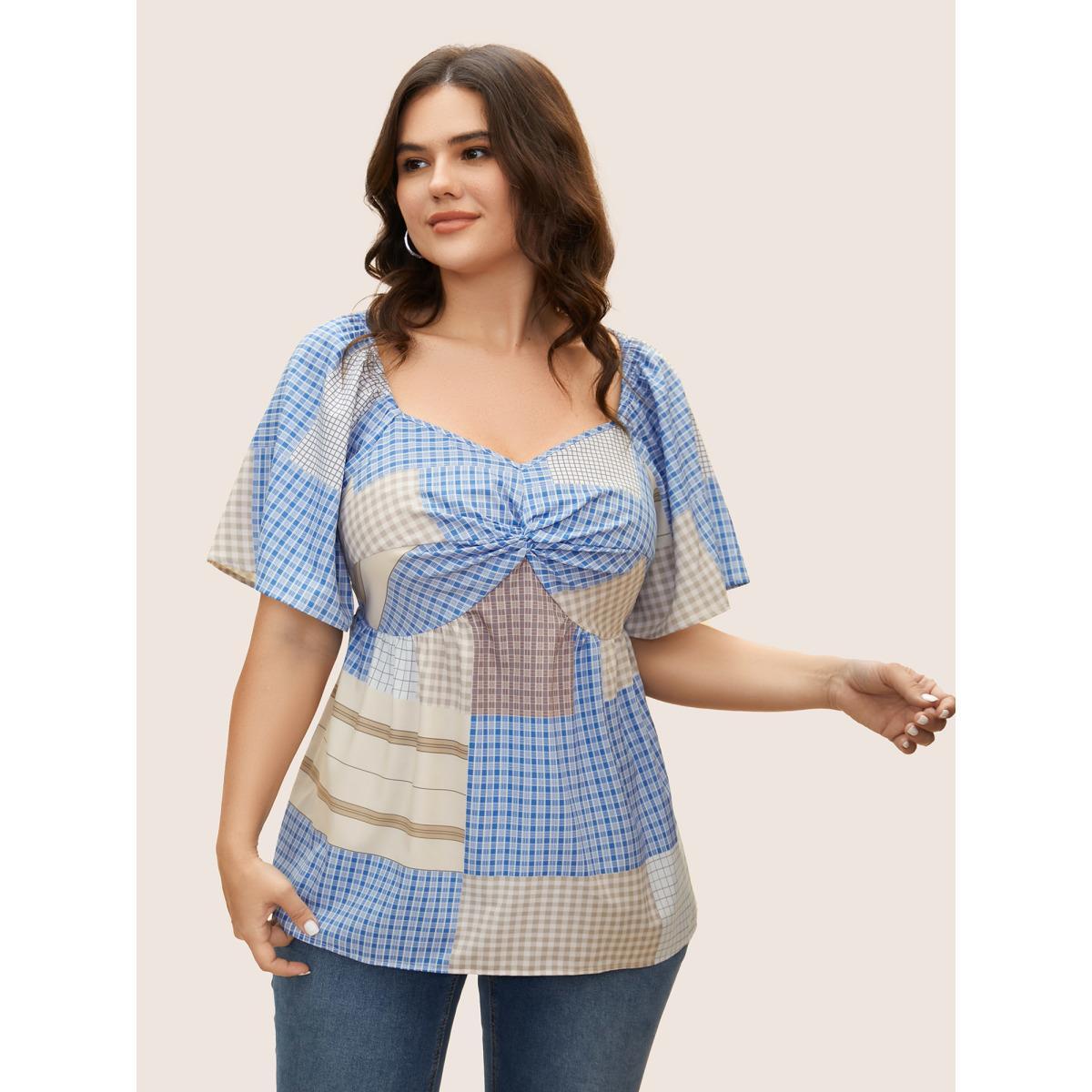 Plus Size Multicolor Heart Neckline Contrast Gingham Twist Front Blouse Women Casual Short sleeve Heart neckline Everyday Blouses BloomChic 22-24/3X Product Image