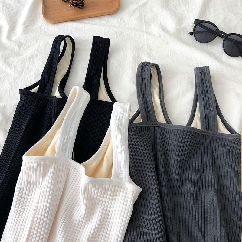 V-Neck Plain Ribbed Fleece-Lined Slim Fit Tank Top Product Image
