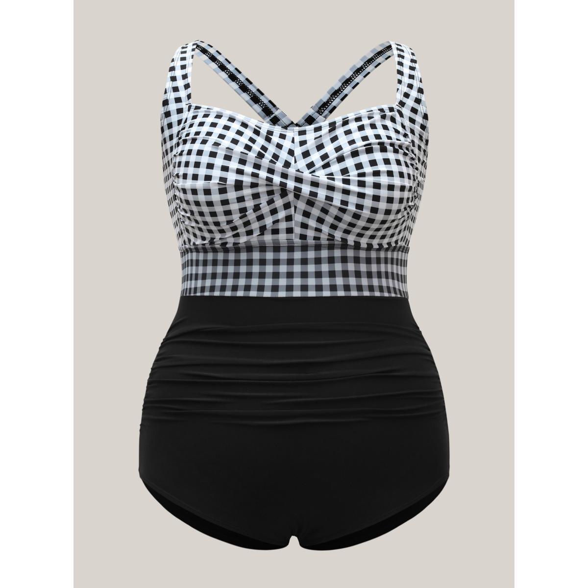 Plus Size Plaid Twist Front One-Piece Swimsuit Women's Swimwear Black Beach Twist Curve Bathing Suits High stretch One Pieces BloomChic 26/4X Product Image