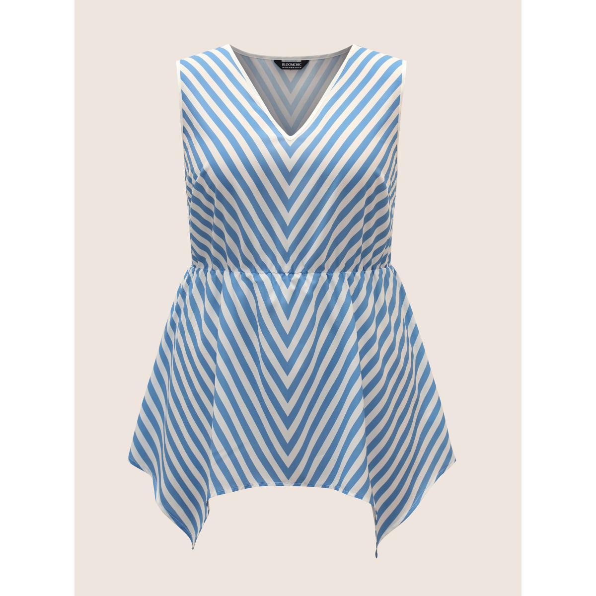 Plus Size Striped Elastic Waist Hanky Hem Tank Top Women LightBlue Casual Contrast V-neck Everyday Tank Tops Camis BloomChic 12/L Product Image
