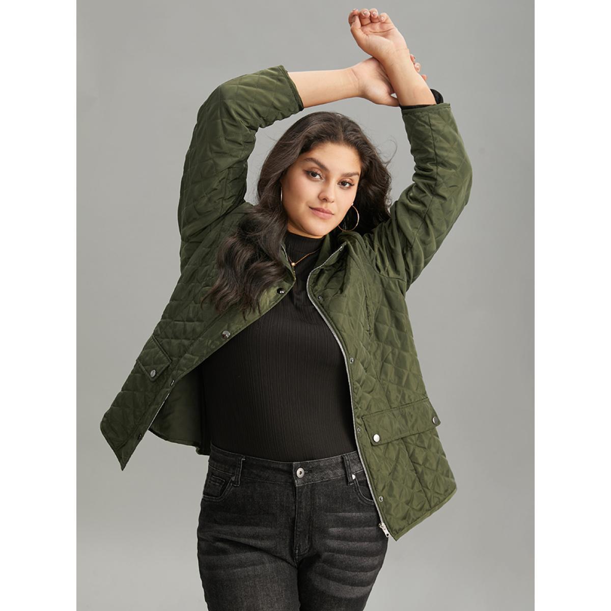 Plus Size Argyle Plaid Flap Pocket Zipper Fly Coat Women ArmyGreen Casual Texture Ladies Dailywear Winter Coats BloomChic 14-16/1X Product Image