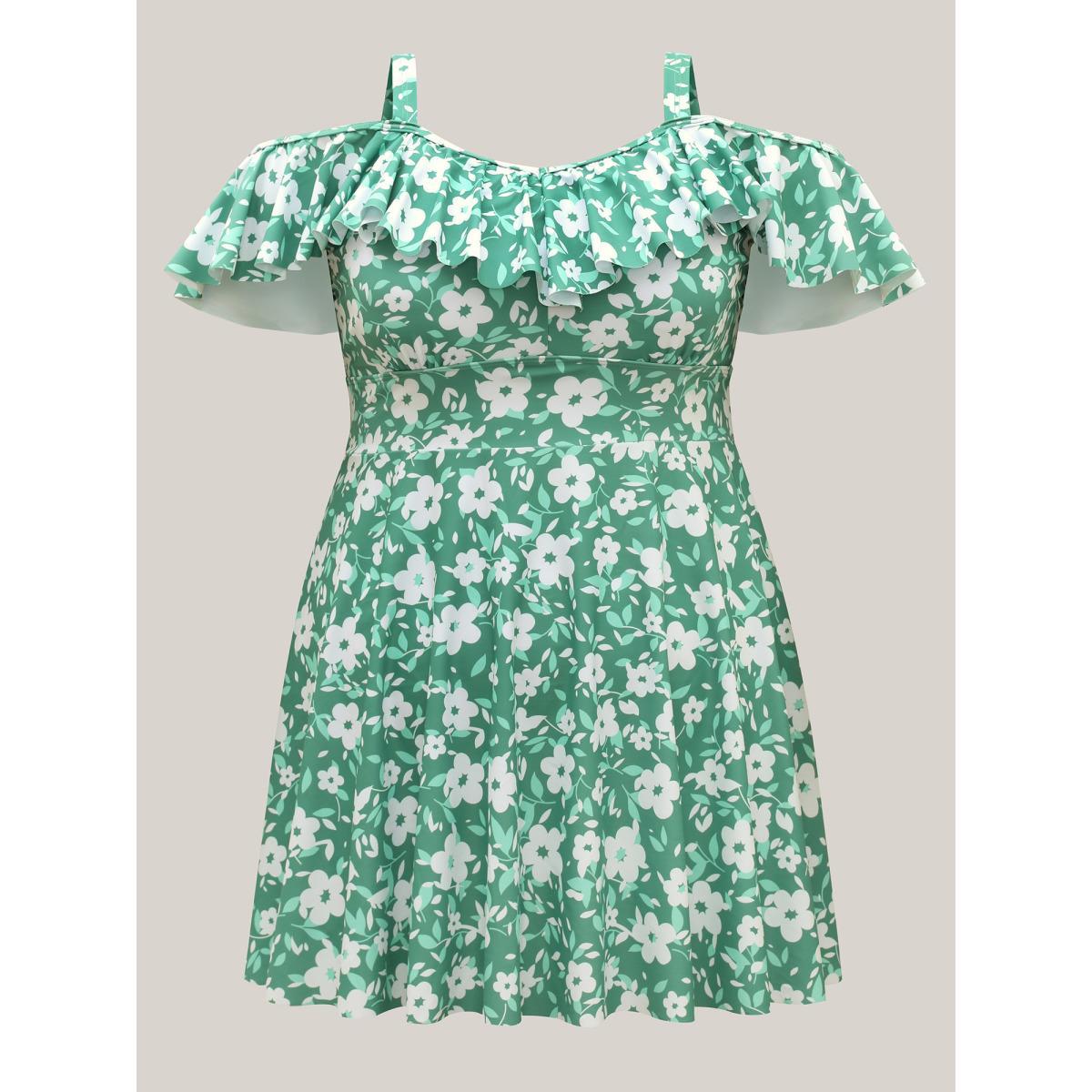 Plus Size Ditsy Floral Print Ruffled Swim Dress Women's Swimwear Greenbean Beach Bodycon One-shoulder neck High stretch Curve Swim Dresses BloomChic 18-20/2X Product Image