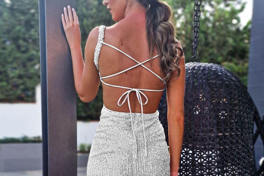 Sleeveless Square Neck Plain Sequin Slit Tie Back Maxi Sheath Cocktail Dress Product Image