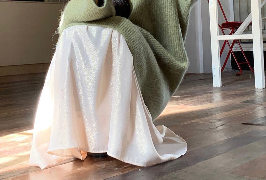 V-Neck Plain Long Sweater / High Waist Midi A-Line Skirt Product Image