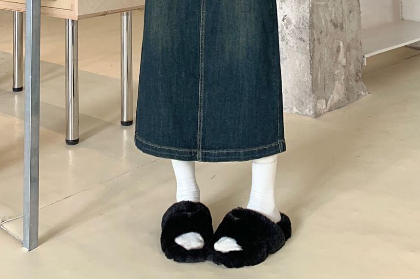 High Waist Washed Slit Denim Midi A-Line Skirt Product Image