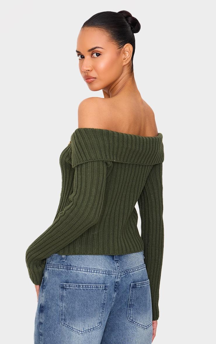 Olive Thick Rib Bardot Foldover Button Up Top Product Image