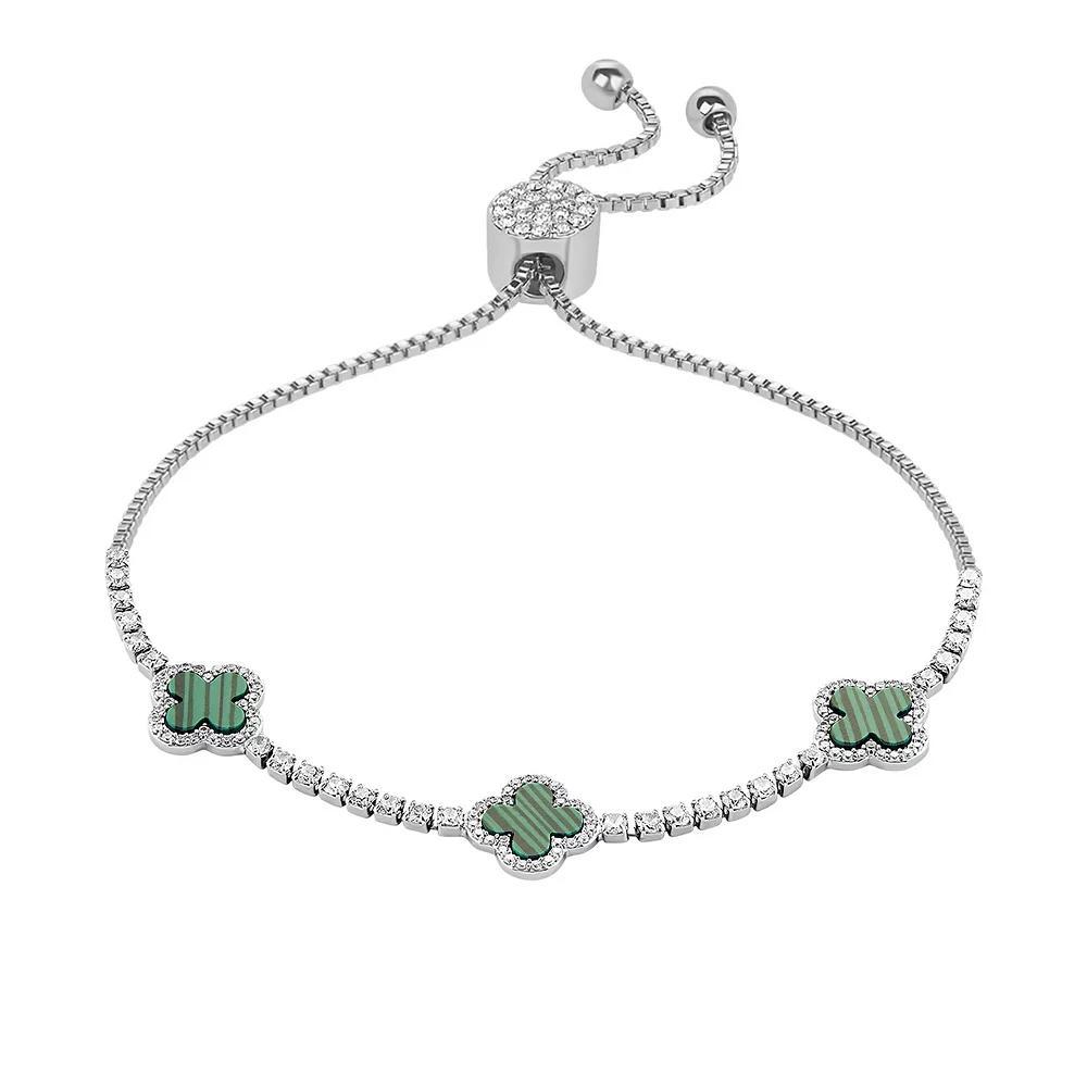 Brilliance Fine Silver Plated Cubic Zirconia and Stone Triple Clover Slider Bracelet, Women's, Size: 4-10" ADJ, Silver Tone Green Product Image