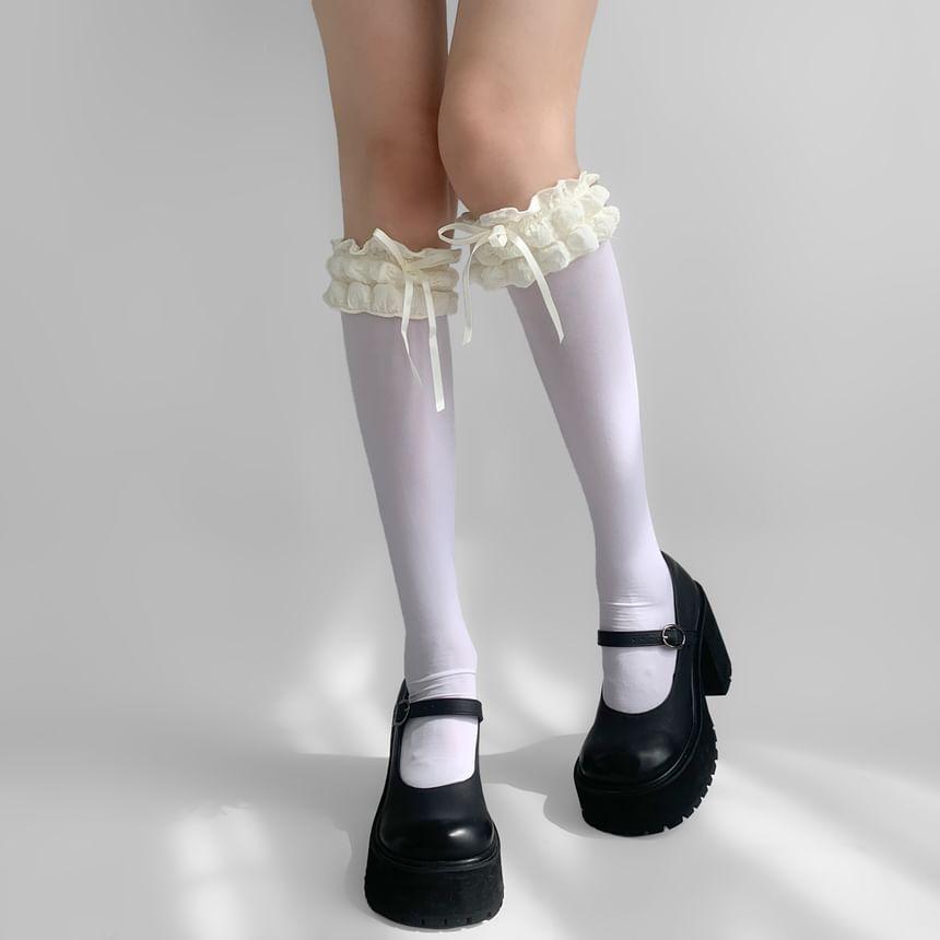 Bow Ruffle Panel Knee High Socks Product Image